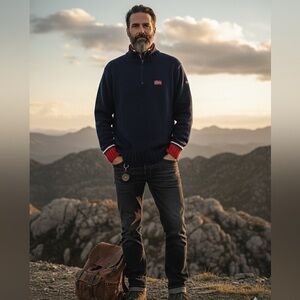 Napapijri Navy Wool 1/4 Zip-Up Double Collar Sweater with Red/White Accents. L